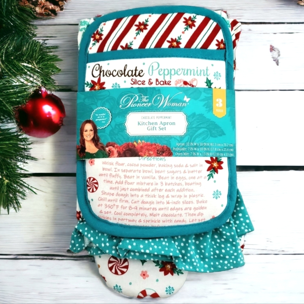 Pioneer Woman Apron Oven Mitt Potholder Set Holiday Xmas Chocolate Recipe Gift